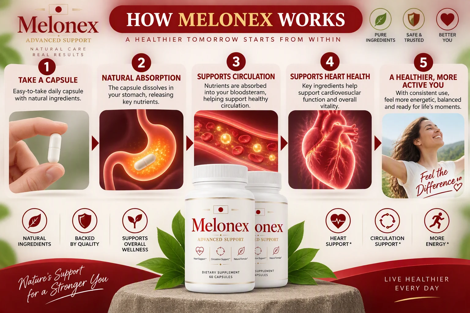 How Melonex works: take a capsule, natural absorption, supports circulation, supports heart health, a healthier you